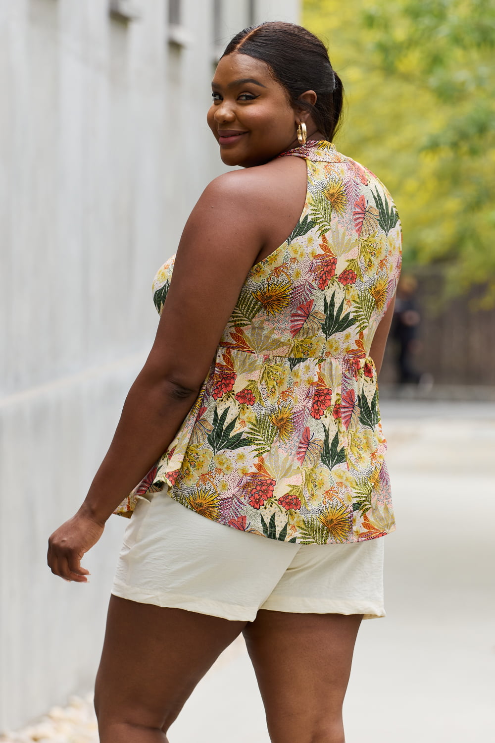 Be Stage Full Size Floral Halter Top in Green