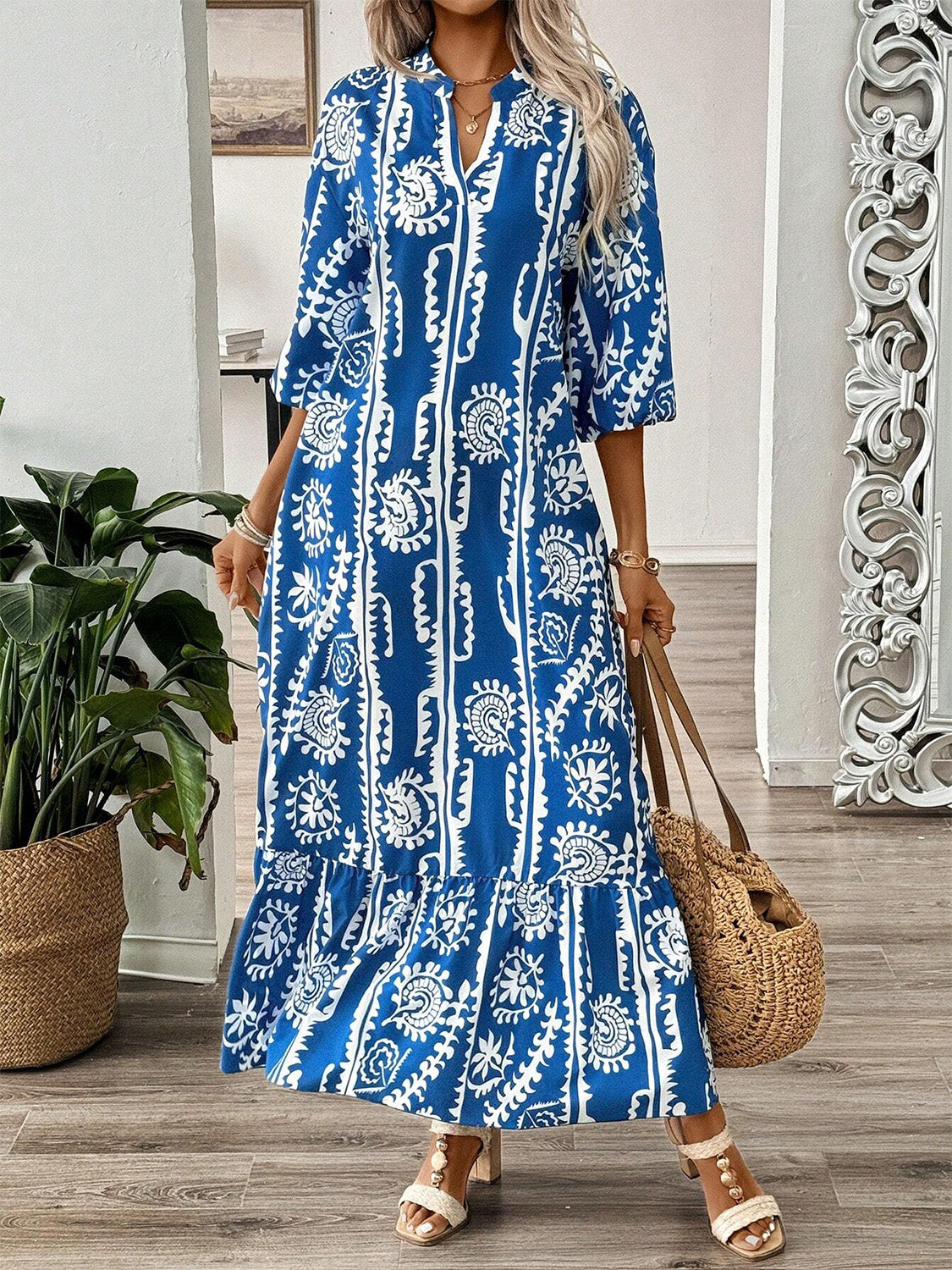 Printed Notched Half Sleeve Maxi Dress