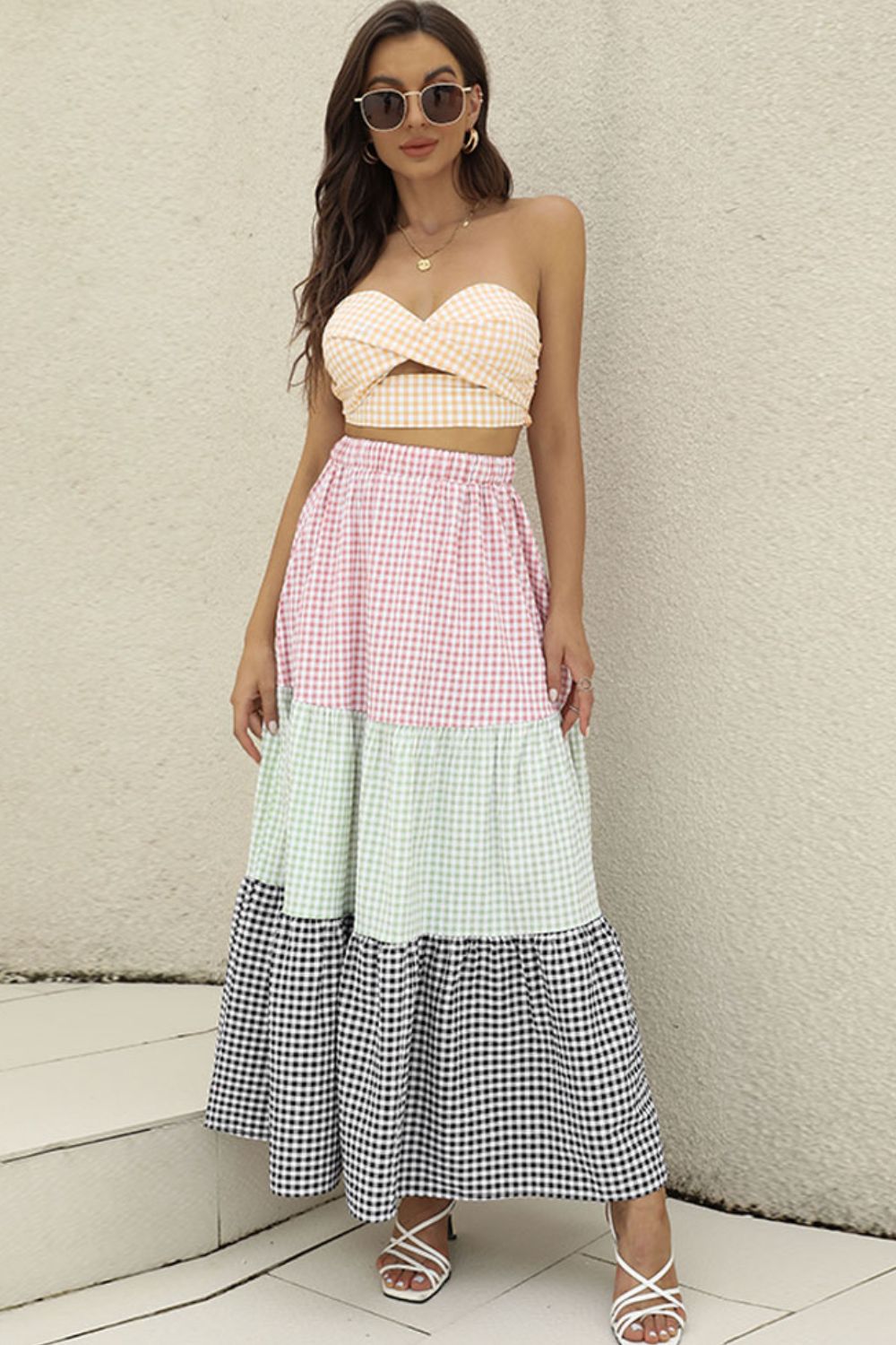 Shiny Plaid Strapless Top and Tiered Skirt Set