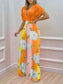 Printed Surplice Top and Wide Leg Pants Set