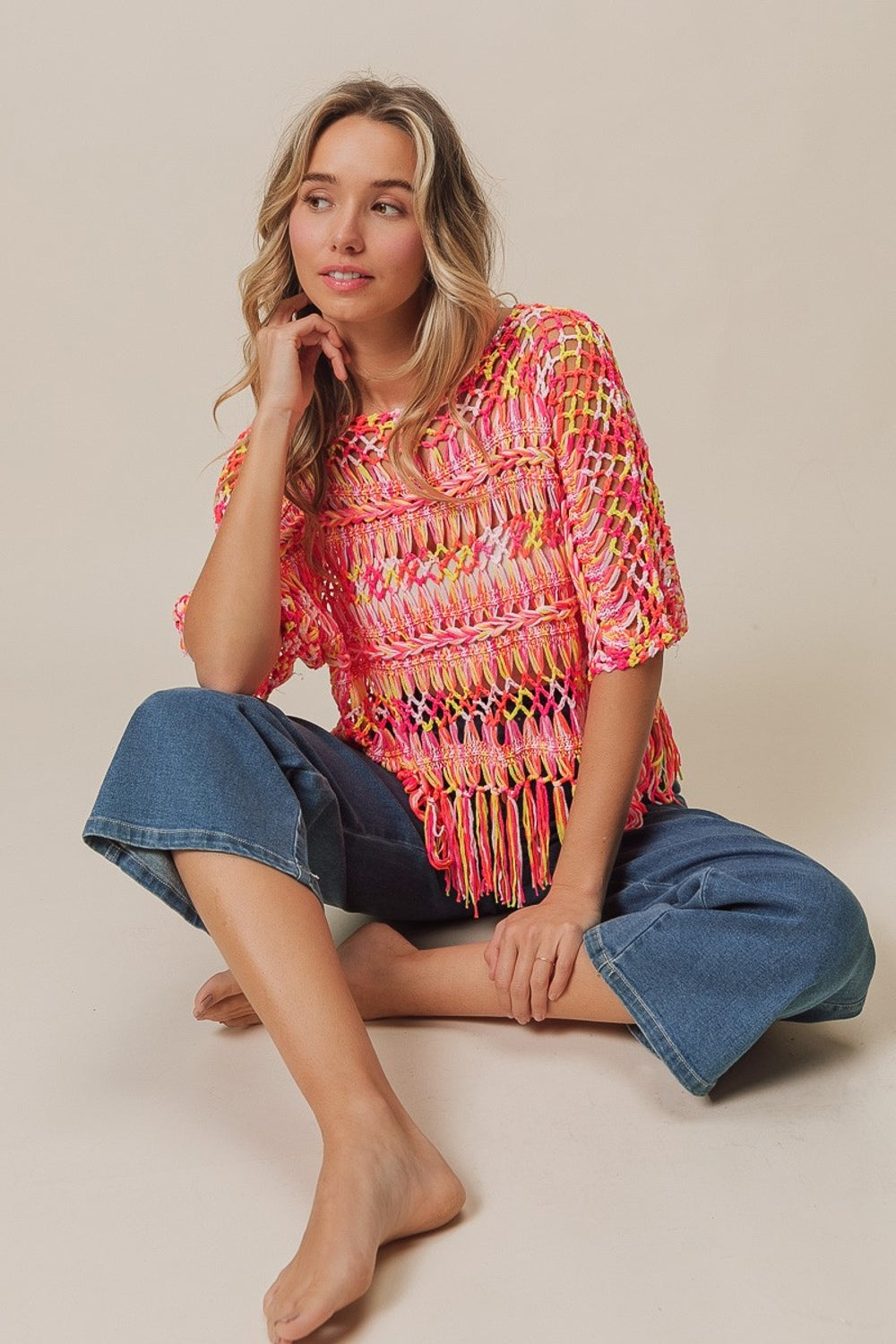 BiBi Openwork Fringed Knit Cover Up