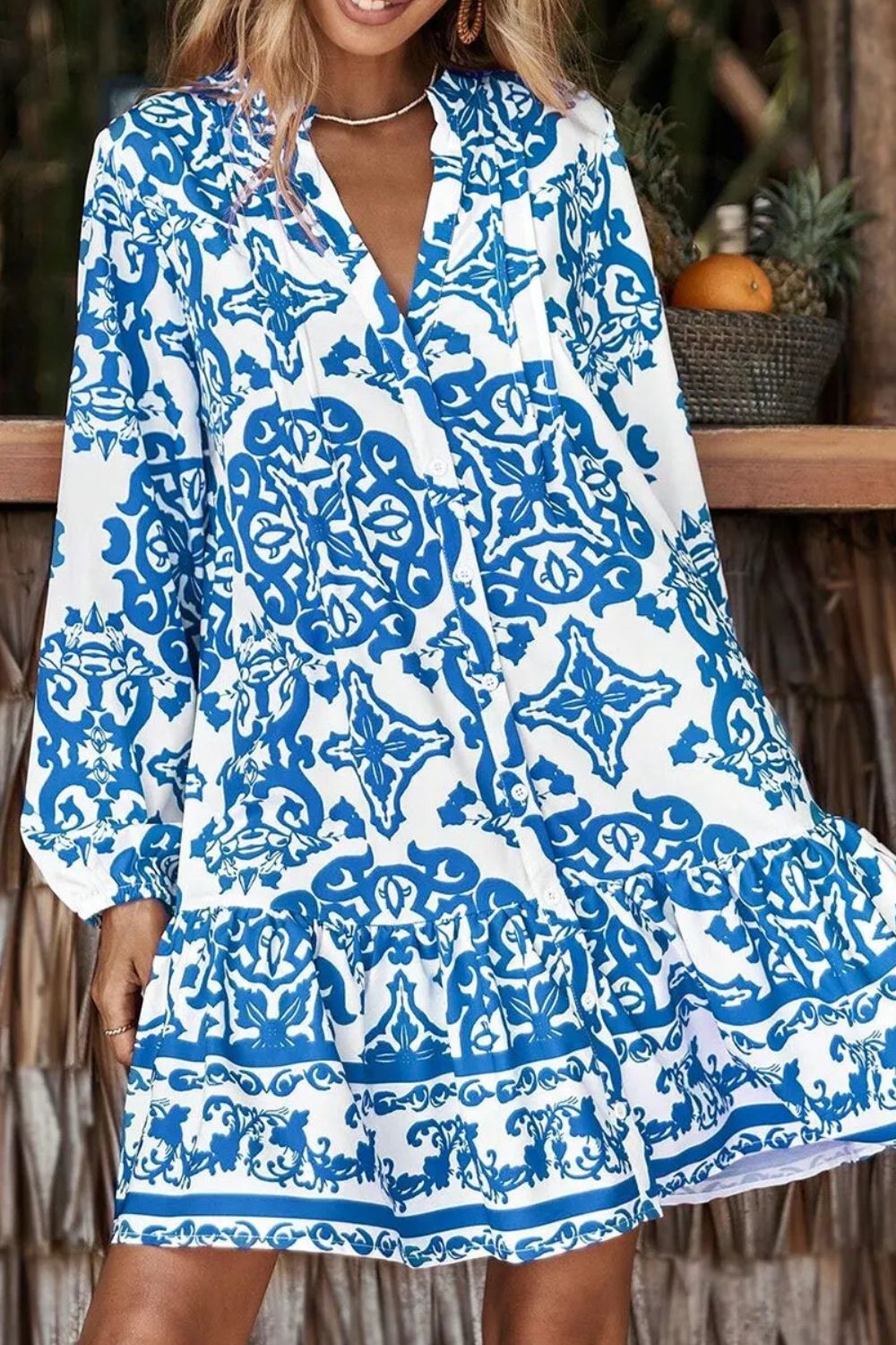 Ruffled Printed Notched Long Sleeve Dress