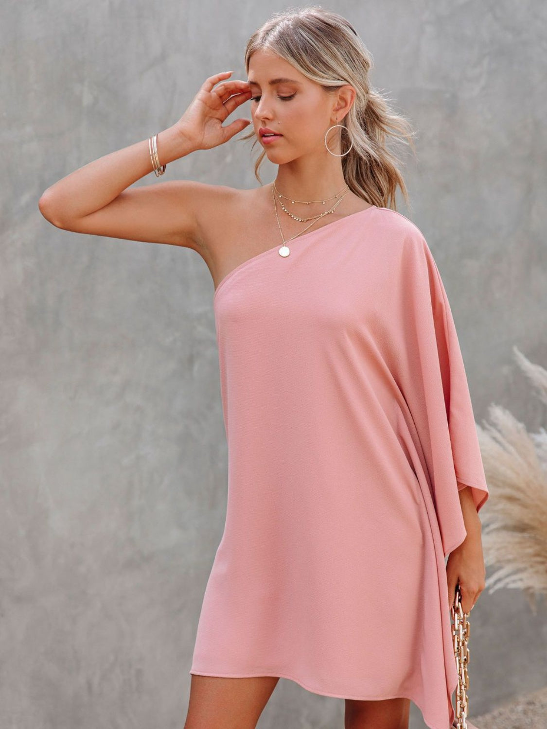 Single Shoulder Kimono Sleeve Mini Dress