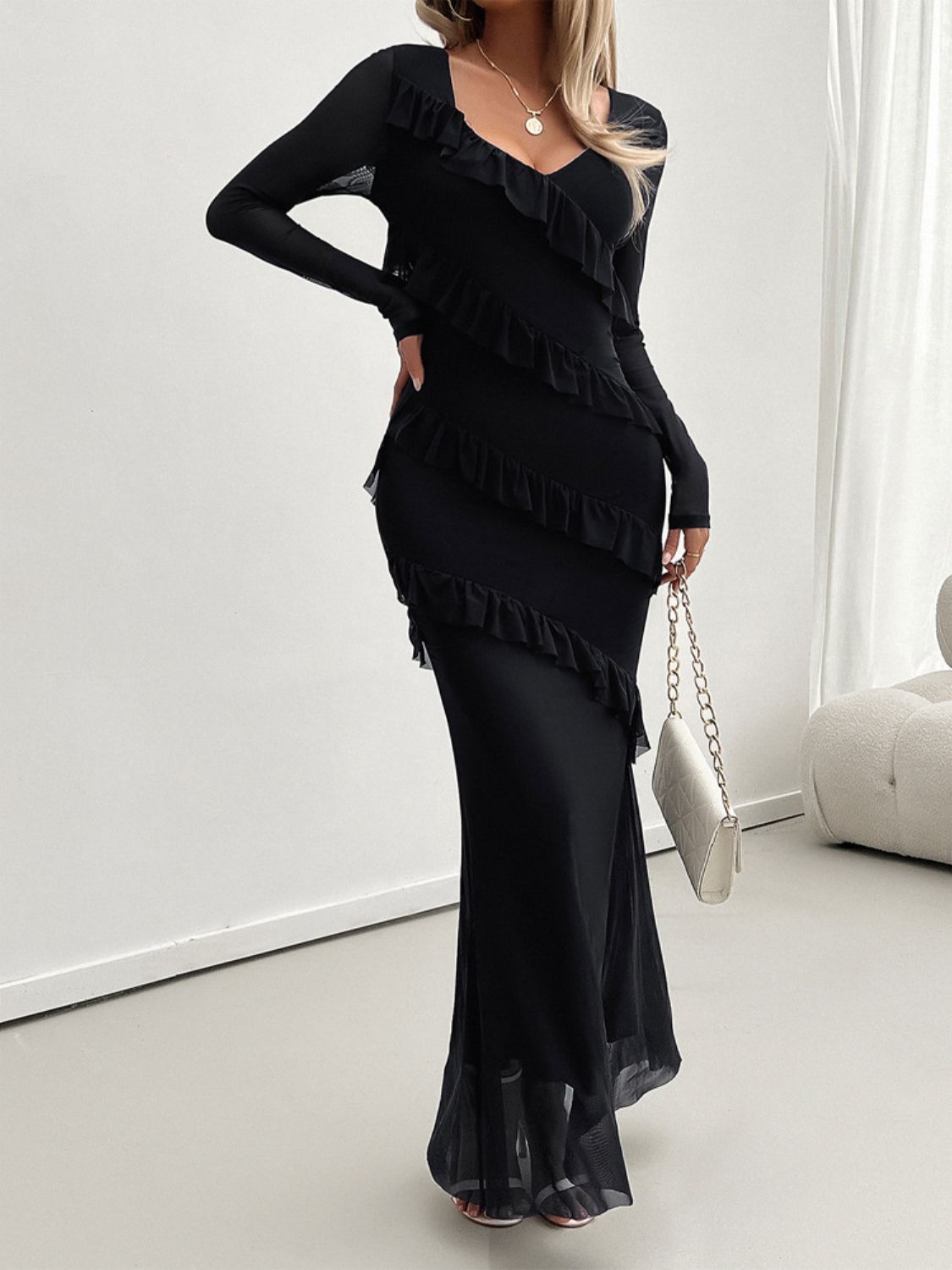 Devine Ruffled Surplice Long Sleeve Maxi Dress