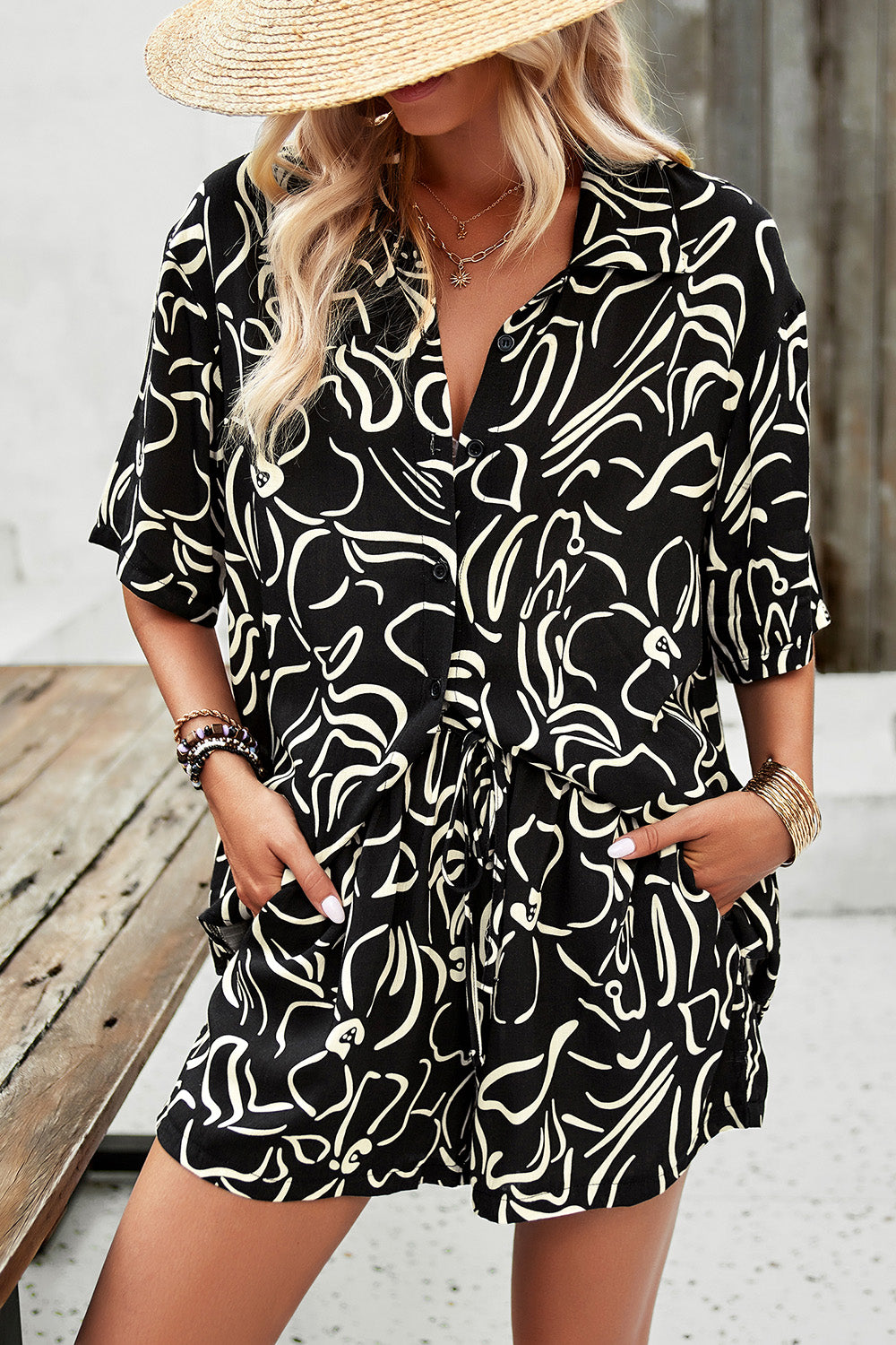 Devine Printed Button Up Shirt and Shorts Set