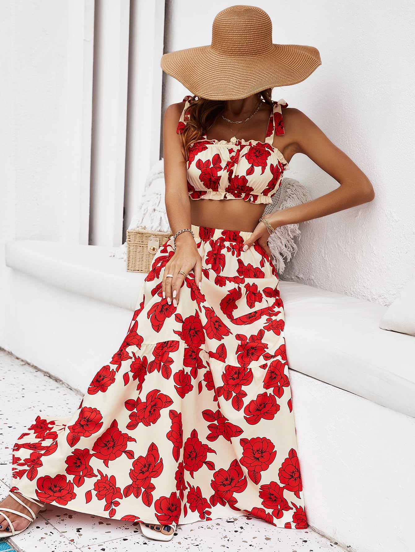 Honey Floral Tie Shoulder Top and Tiered Maxi Skirt Set