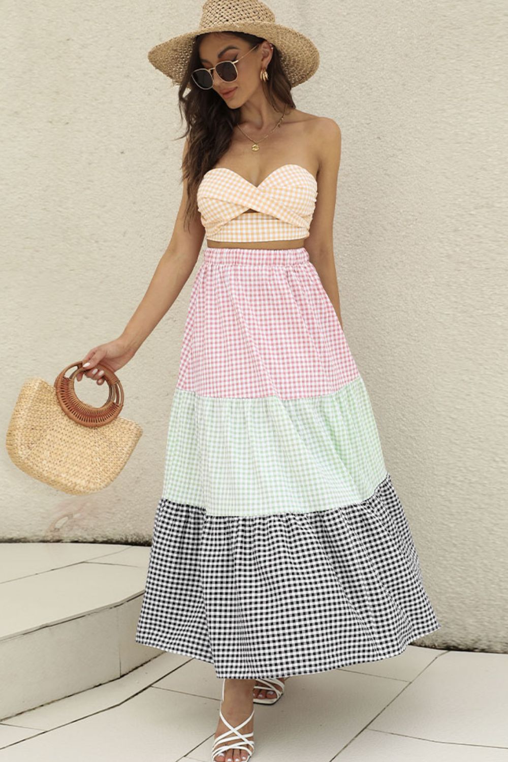 Shiny Plaid Strapless Top and Tiered Skirt Set