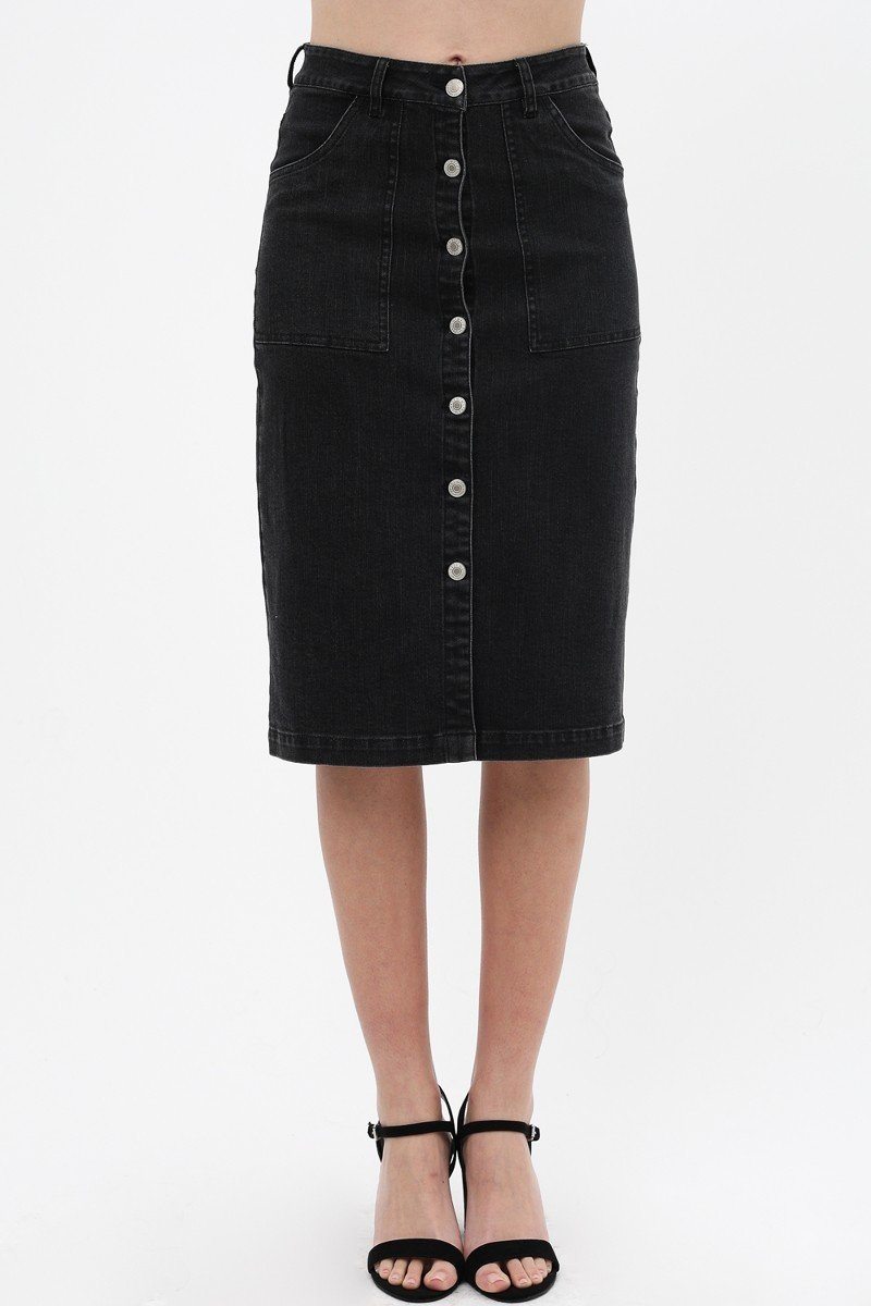 Denim Mid Thigh Length Skirt With Button Down Front Detail