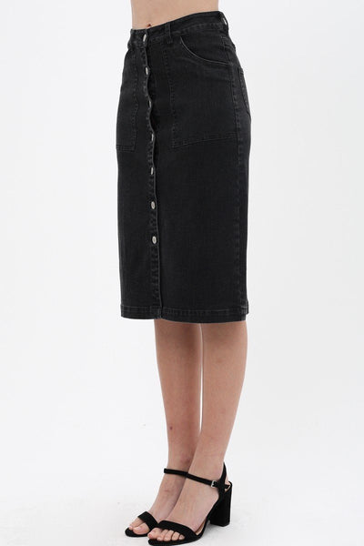 Denim Mid Thigh Length Skirt With Button Down Front Detail