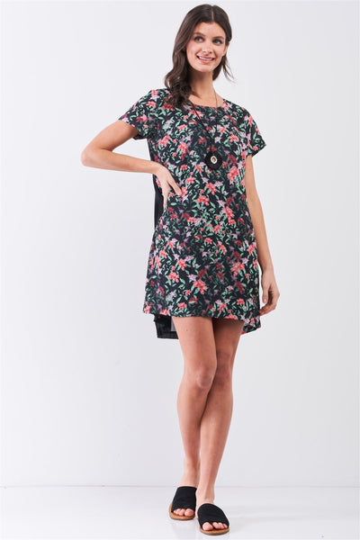 Black Multicolor Floral Print Pleated Back Detail Relaxed Mini Dress
