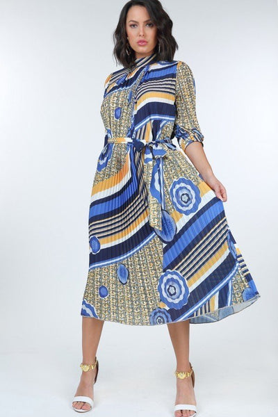 Pleated Print Midi Dress