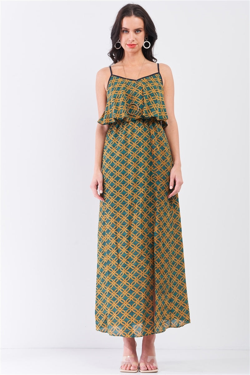 Mustard Multi Printed Sleeveless Criss-cross Back Side Slit Detail Maxi Dress