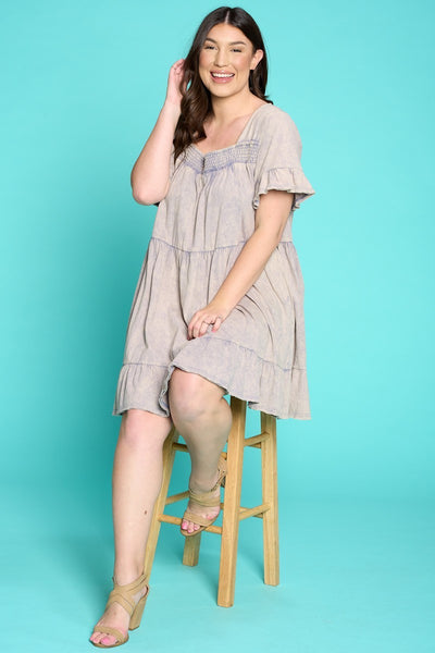 Solid Washed Knit Tiered Mini Dress
