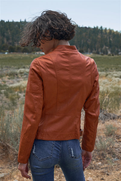 Rust Vegan Leather Long Sleeve Biker Jacket