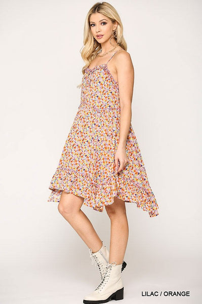 Ditsy Floral Print Sleeveless Dress With Lace Trim