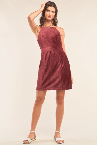 Cranberry Red Corduroy Sleeveless Square Neck Tight Fit Mini Dress