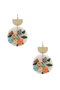 Metal Round Clay Flower Dangle Earring