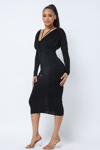 Long Sleeve Midi Dress With Low V Neck Front And Back With Ruching On Sides And Chest