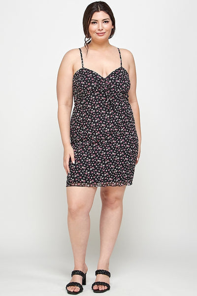 Plus Size Ditsy Floral Print On Mesh Fabric Cami Dress